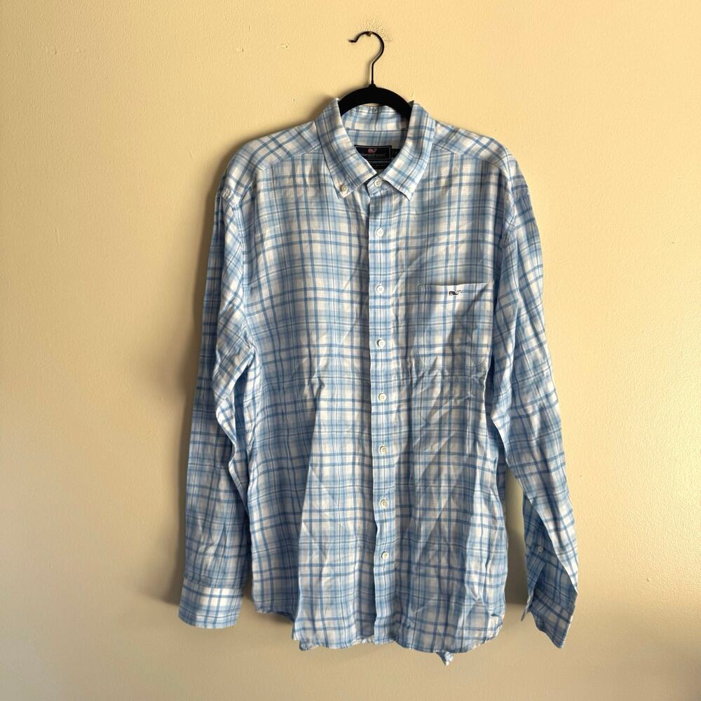 Vineyard Vines Blue + White Plaid Linen Classic Fit Tucker Shirt XL Button Down